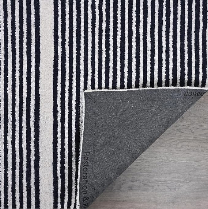 Modern Handmade Wool Area Rug, Abstract Curved Line Geometric Carpet for Living Room Bedroom, Contemporary Tufted Indoor Rug with Soft Pile and Cotton Backing (Ink, 5' x 7')