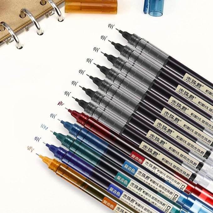 Frienda 12 Pieces Rolling Ball Pens 0.5 mm Japanese Quick Drying Fine Point Pens Liquid Ink Smooth Writing for Office Student Back to School Supplies(Retro Colors and Black)