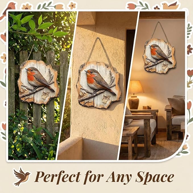 Cumuul Handmade Boxwood Bird Wall Hanging - Vintage 2D Bird Wooden Signage, Rustic Farmhouse Robin Bird Wall Decor, Wood Texture, Indoor Outdoor Garden Decoration (#4)