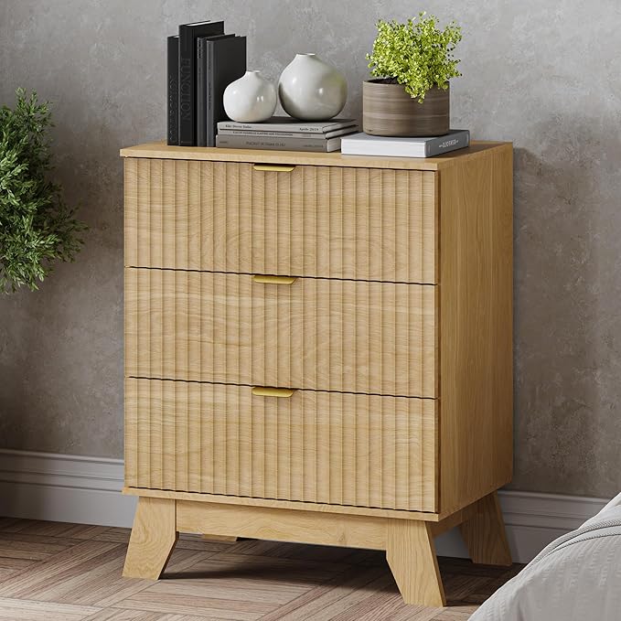 BORNOON Fluted 3 Drawer Dresser, 30.3" Tall Compact Modern Boho Chest of Drawers, Wooden Storage Cabinet for Bedroom, Living Room, Entryway, Curved Profile Design