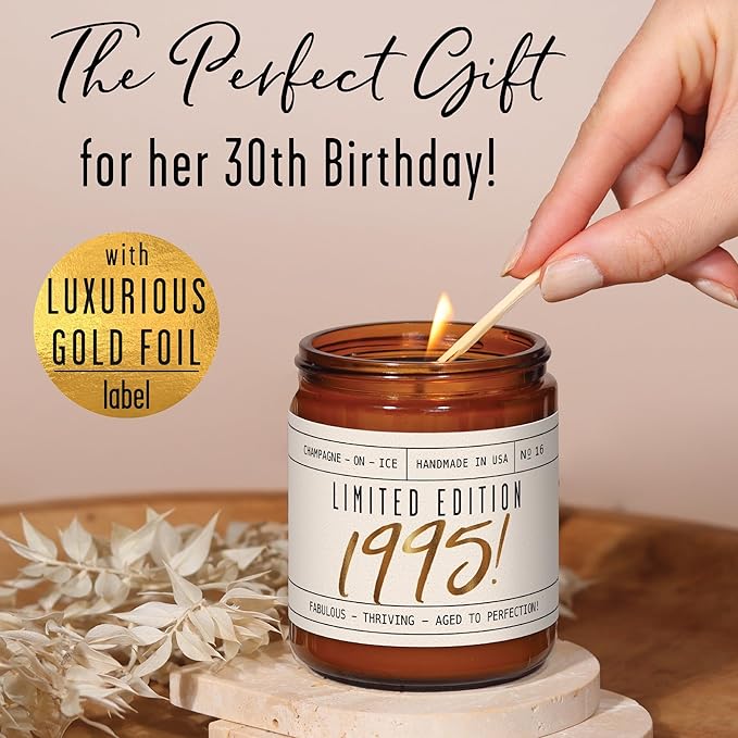30th Birthday Gifts for Women - 'Limited Edition 1995' Soy Candle, w/Champagne on Ice I 1995 30th Birthday Gifts for Her I 9oz Reusable Jar, 50Hr Burn, Made in USA