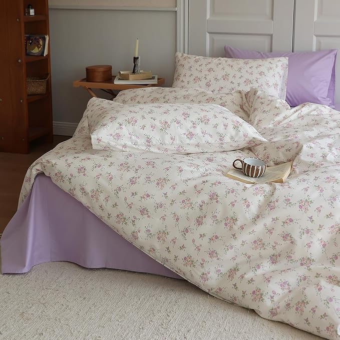 LifeTB Pink Floral Duvet Cover Set Full Soft Cotton Cute Pink Flower Duvet Cover with 2 Pillowcases Garden Floral Girls Cottagecore Bedding Set Flower Botanical Vintage Country Comforter Cover Full