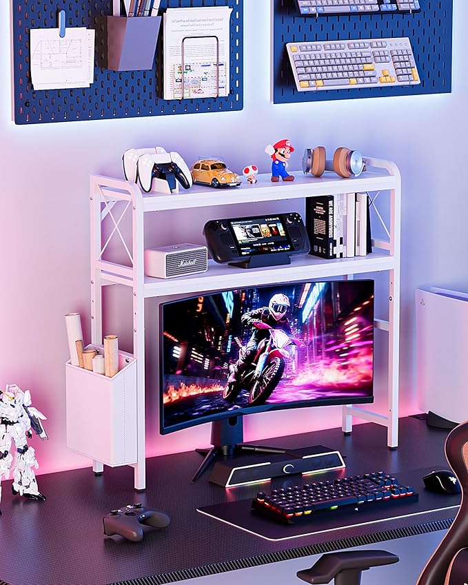 VERSASKY Desktop Shelves, Monitor Stand with Adjustable Shelves and Side Pockets, 2-Tier Desktop Bookshelf Organizer, Large Capacity Display Shelf Rack, Desk Hutch for Home Office, Study Room, White