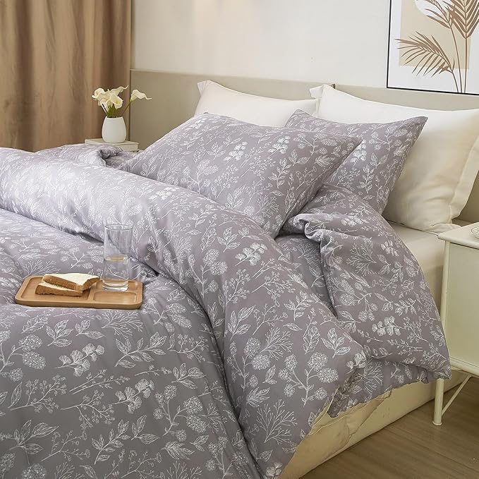EAVD Fresh Vintage Grey Floral Duvet Cover King Soft Cotton Chic Shabby Garden Floral Bedding Set with 2 Pillowcases Reversible Floral Botanical Duvet Cover with Zipper Closure