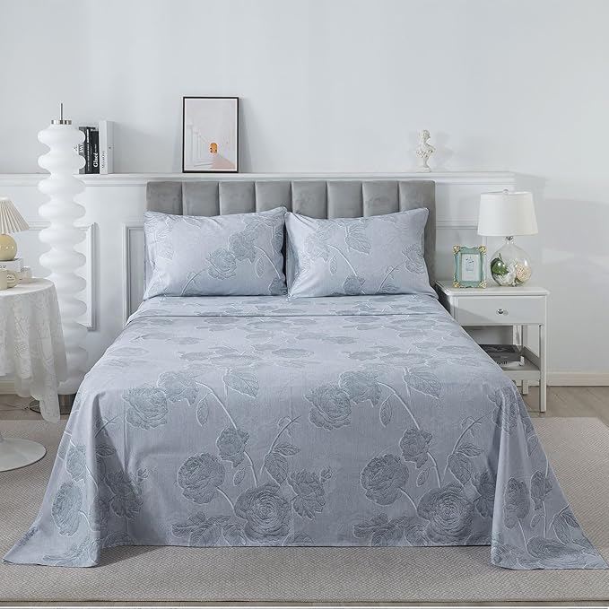 FADFAY Grey Vintage Floral King Size Sheets Set 100% Brushed Cotton Shabby Rose Flower Pattern Bedding Set Deep Pocket Sheets with 2 Pillowcases Luxury Breathable Soft 4pcs, King Size