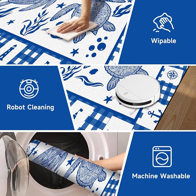Sea Turtle Rug Coastal Ocean Print Floor Mat Blue and White Plaid Area Rug for Bedroom Living Room Nursery Kitchen Playroom Home Decor Non-Slip Washable Carpet,5'x7'