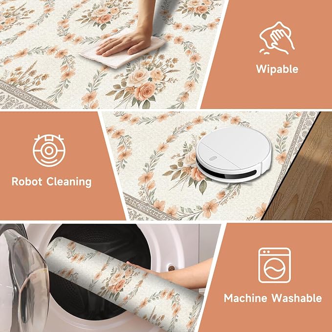5'x7' Boho Floral Area Rug Vintage Peach Rose Carpet Non-Slip Washable Floor Mat Neutral Aesthetic Botanical Rug for Bedroom Living Room Nursery Kitchen Playroom Home Decor