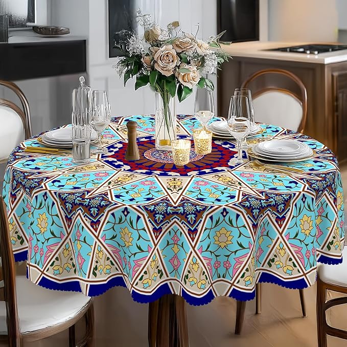 Eikione Boho Round Tablecloth 60inch, Tablecloth Waterproof and Wrinkle-Free, Boho Table Covers, Summer Decorations for Home