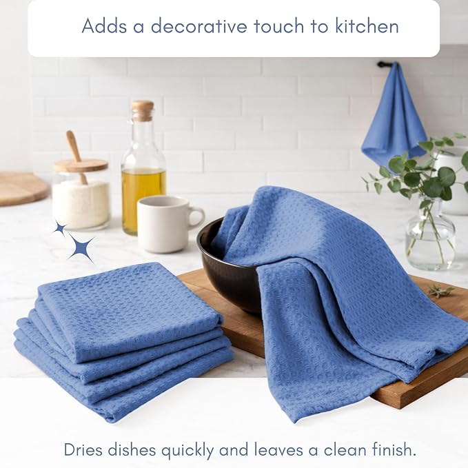TWINY threads Set of 12 100% Cotton Solid Kitchen Towels with Hanging Loop (16 X 26 inches) | Ultra Absorbent Dobby Waffle Weave Washcloth | Reusable, Machine Washable Hand Towels - Sky Blue