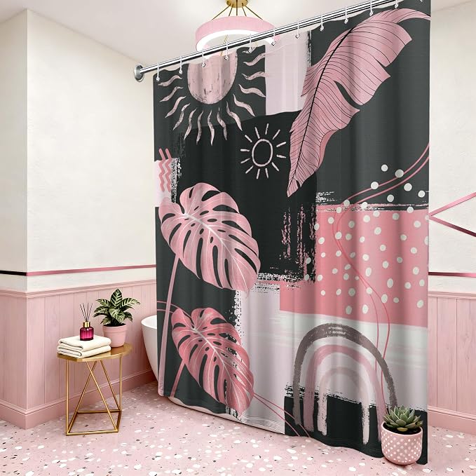 Pink and Gray Mid Century Modern Shower Curtain Bohemian Abstract Light Pink and Grey Shower Curtains for Bathroom Decor Sets, Waterproof Cloth Fabric with Hooks, 72x84 Inch