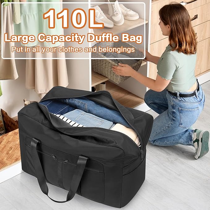 Large Duffel Bag for Travel, Foldable Storage Bag for Traveling, Collapsible Duffle Bag (Black, 110L)