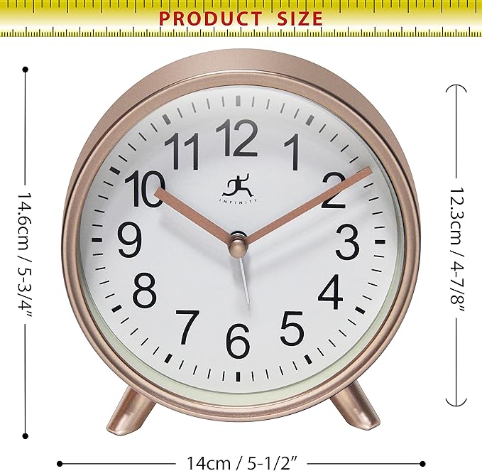 Infinity Instruments Plastic 5.75" Indoor Tabletop Alarm Clock with Quartz Movement for Accurate Time Keeping, Copper