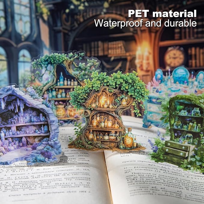 AuriicLeaf Magic Cabinet PET Stickers Set, 60PCS Fantasy Journal Stickers for Scrapbooking DIY Crafts Planner