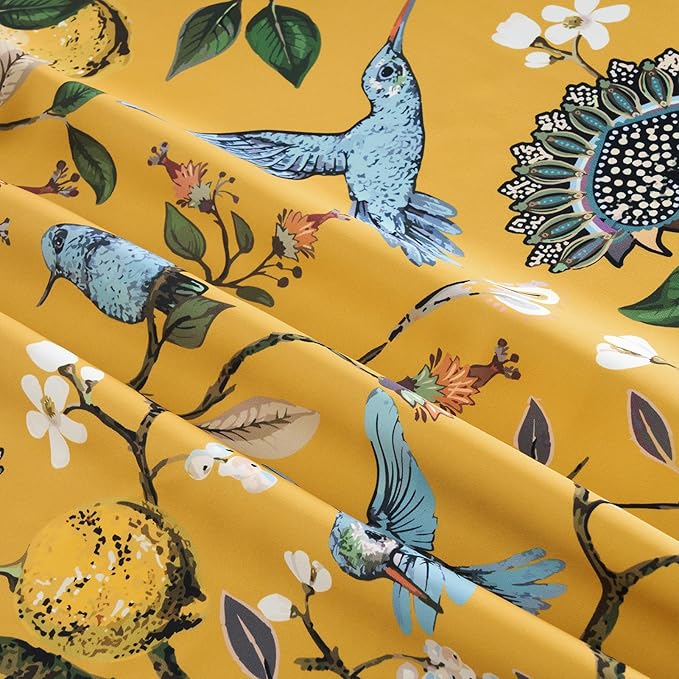 Floral Pattern Curtains for Living Room 72 Inches Long Luxury Whimsical Mustard Yellow Lemon Design Hummingbird Colorful Pinch Pleated Blackout Drapes for Bedroom Dining Room 2 Panels