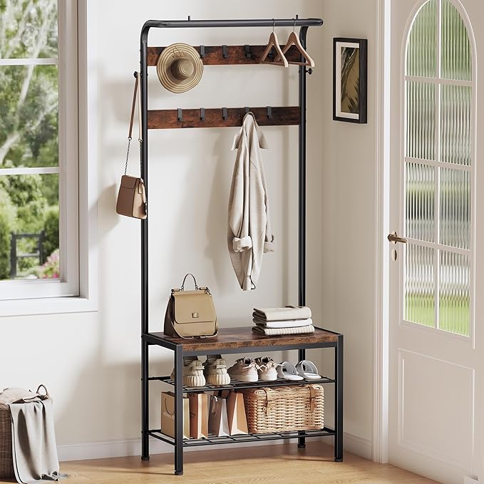DUMOS Hall Tree with Shoe Bench and Coat Rack, Entryway Bench with Shoe Storage and Hooks, 4-in-1 Coat and Shoe Rack for Entryway, Mudroom Storage Organizer with Shelves, Rustic Brown