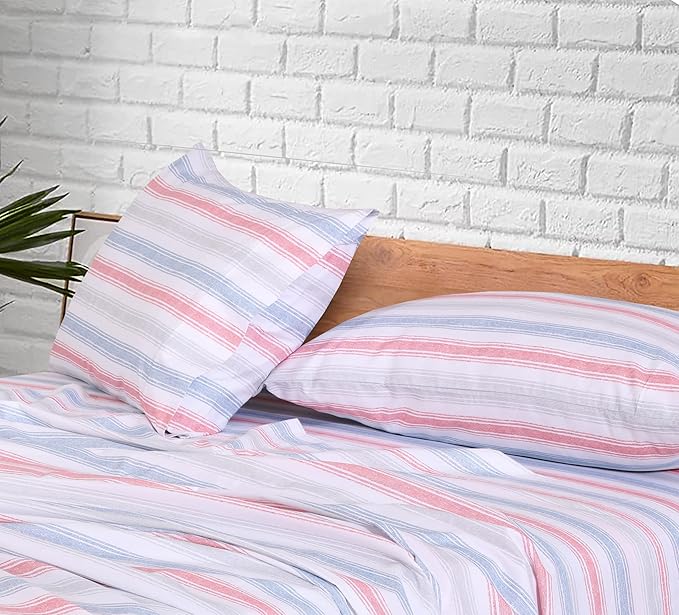 RUVANTI 100% Cotton Sheets Queen Size Set, 4 Pieces, Soft & Breathable Percale Weave Bedding, Deep Pocket 16", Hotel Standard, Crisp Cool Feeling, Durable, Perfect Striped Bed Sheet, Times