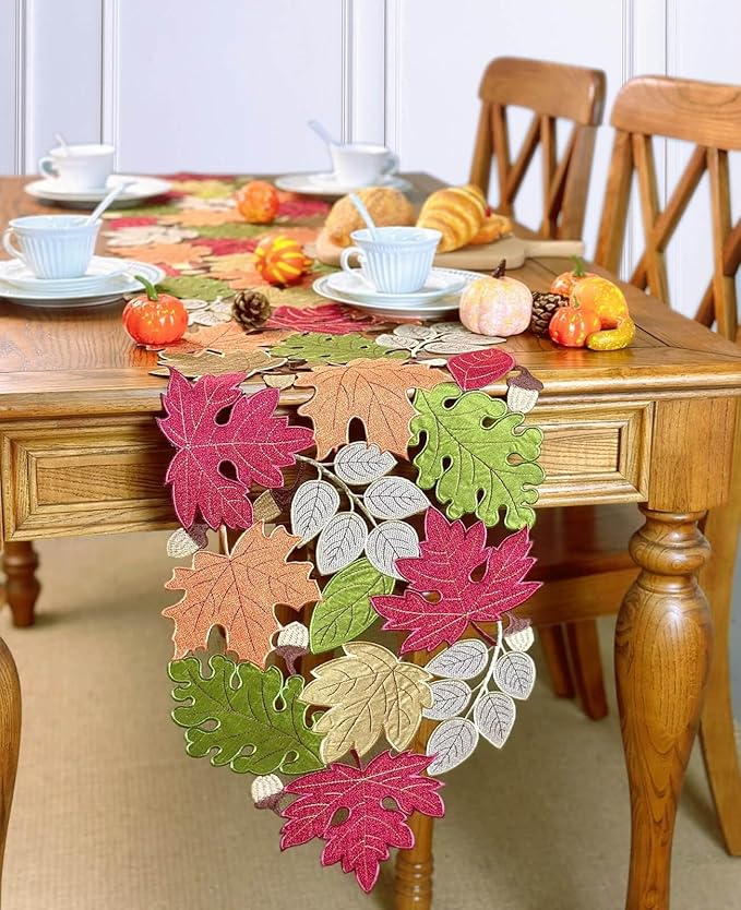 KEVA Fall Table Runner 72inches Long, Harvest Embroidered Thanksgiving Autumn Maple Leaves Table Runner 13x72 inch for Thanksgiving Kitchen Fall Table Decoration