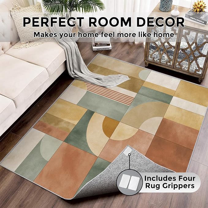 3x4 Mid Century Modern Rugs for Bedroom Decor, Washable Abstract Geometric Pattern Area Rug, Living Room Home Decoration, Non Slip Soft Thin, Mid Century Decor Carpet PF-P 117