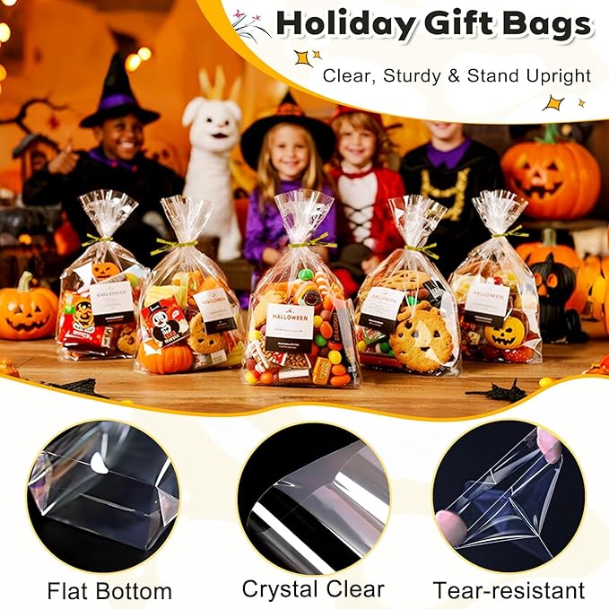 PigPotParty 6"x 9", 100Pcs Bottom Gusset Bags, Clear Plastic Cellophane Treat Goodie Bags with Ties for Party Favor, Candy, Cookie, Popcorn, Small Gift Wrapping (No Side Gusset)