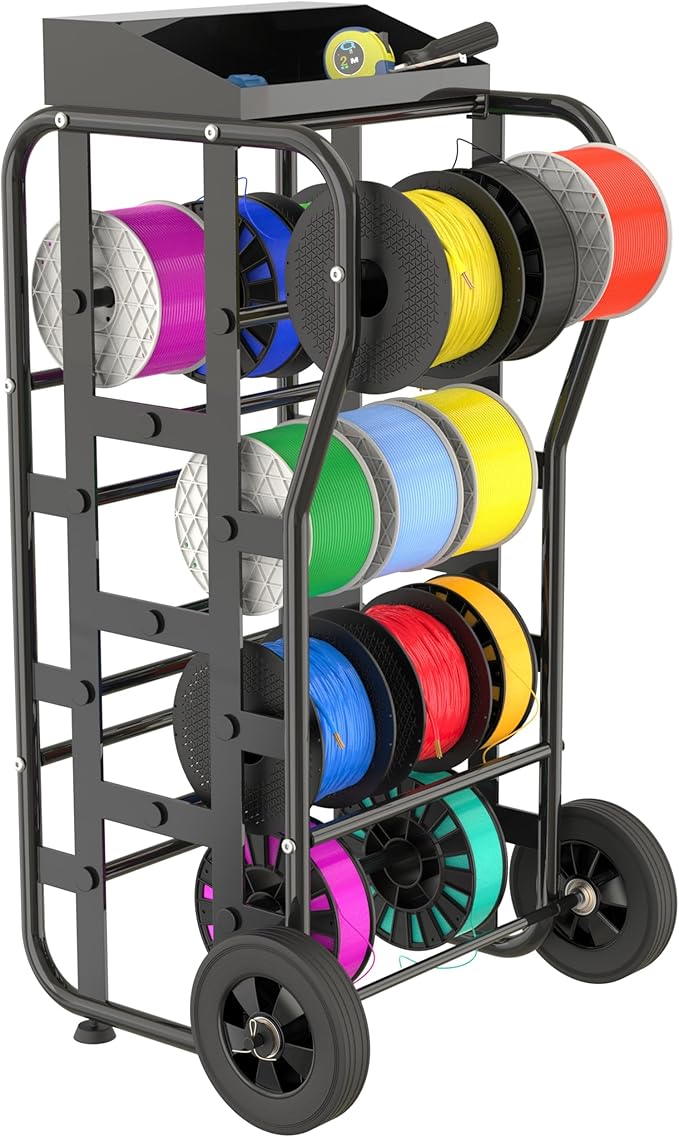 Tredre Wire Spool Rack with Wheels – Heavy Duty Cable Dispenser with 11 Rods, Mobile Wire Organizer Stand with Storage Box for Electrical & Workshop Use, Black