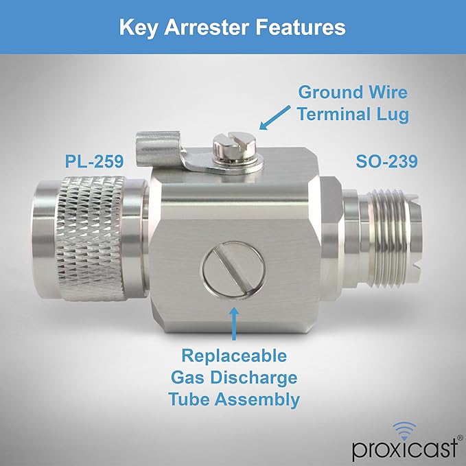 Proxicast Coaxial Lightning Arrester/Suppressor with PL-259 & SO-239 (M/F) Connectors - Pro-Grade Coax Cable Surge Protector for HF, VHF, UHF, CB, Ham, Two-Way Radio and Other Antennas (ANT-234-002)