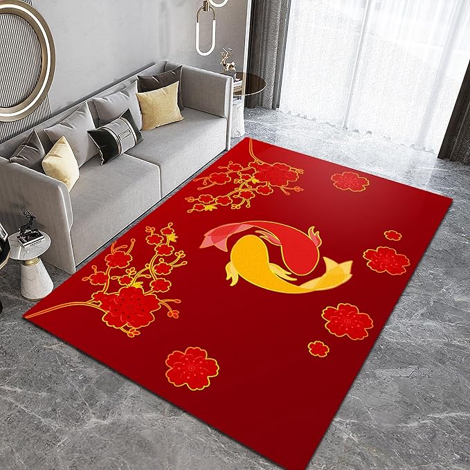 Chinese Style Koi Area Rug, Red Background Plum Blossom Non Slip Accent Rug, Machine Washable Durable Carpet for Indoor Bedroom Living Room Office Decor Rug - 5 ft x 6 ft