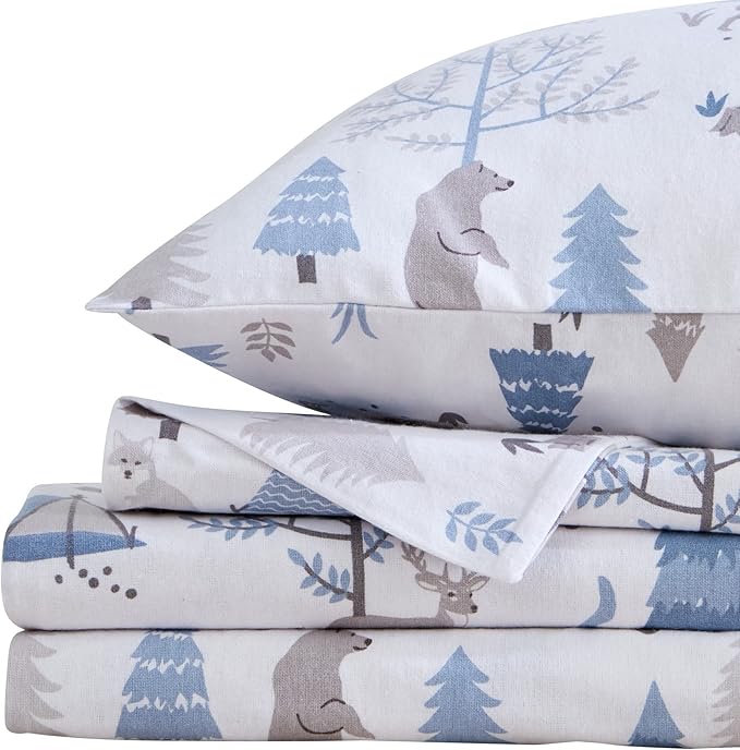 Market & Place 100% Turkish Cotton Flannel Sheet Set | 4 Piece Deep Pocket Novelty Cozy Winter Bed Sheets | Double Brushed for Extra Softness & Comfort | Alpine Collection (Queen, Winter Wildlife)