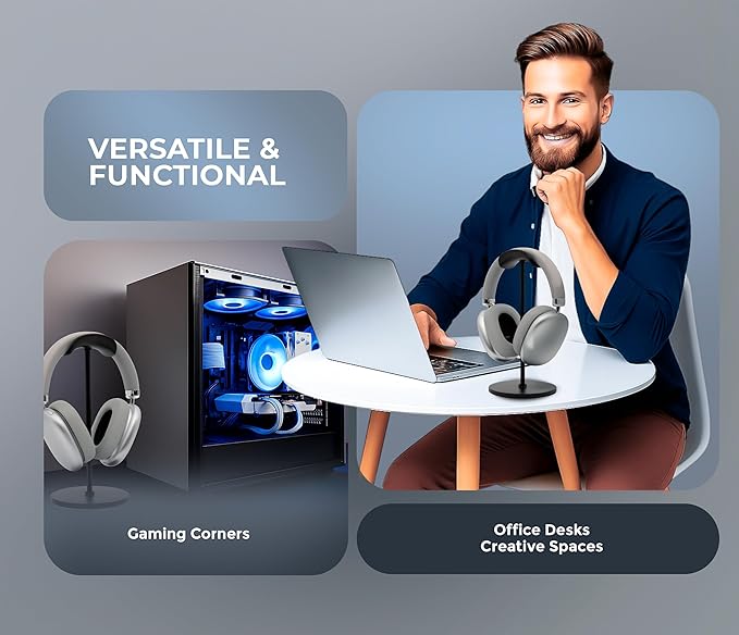 ak anklas Headphone Stand for Desk – Premium & Minimalist Headset Holder with Round or Oval Base for Gaming, Office & Home (Black, Standard)