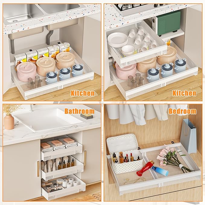 Hisencn Pull Out Cabinet Organizer, Expandable Width 13.9"-22", 21.8" Deep Heavy Duty Slide Out Drawer for Kitchen Cabinets, No Drill Roll Out Shelves with Adhesive Nano Film (White)