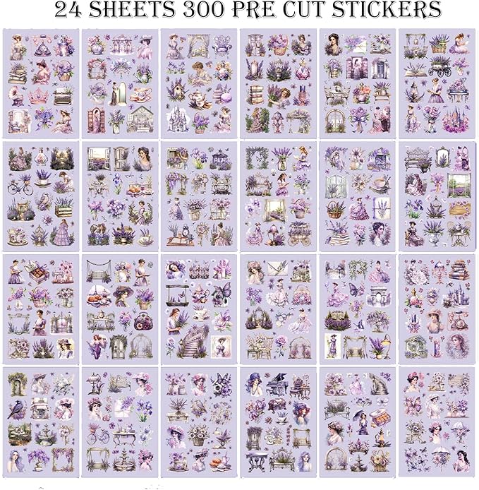 Auguro Vintage Ephemera Sticker 24 Sheets precut 300 washi Stickers Paper Girls Journal Stickers for Adults Junk Journal Sticker Book Scrapbooking Supplies