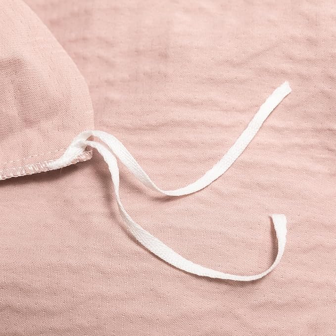 Duvet Cover Queen Dusty Rose, Luxury Soft Double-Layer Crinkle Gauze Rose Pink Duvet Cover, 3 Pieces Bedding for All-Season, Breathable with Zipper Closure & Corner Ties