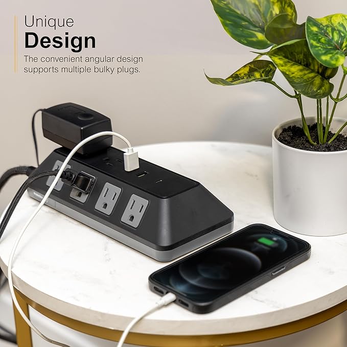 GE UltraPro 10-Outlet Surge Protector with USB, 2 USB-A, 1 USB-C, 4 Ft Braided Extension Cord, Multi Plug Outlet Extender, Adapter Spaced, Flat Plug, 3540 Joules, Charging Station, Black, 81785
