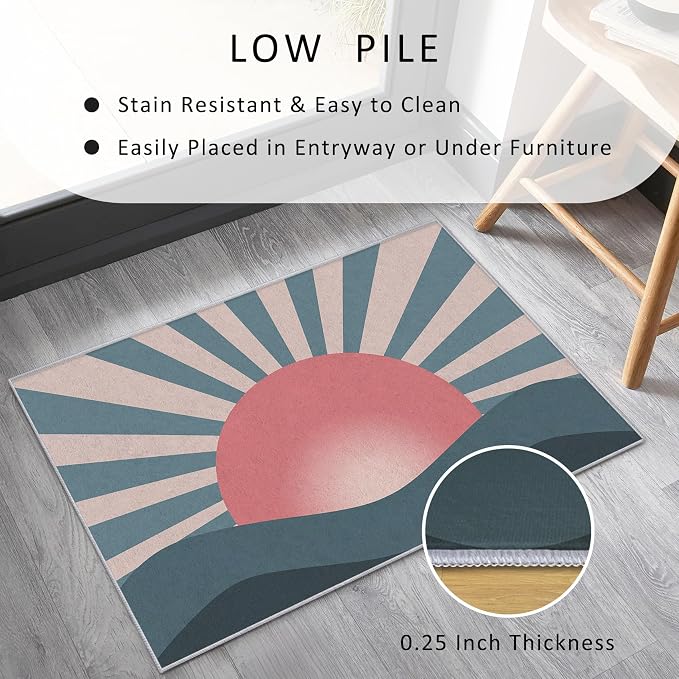Boho Sun Throw Rugs 2x3, Mid Century Modern Abstract Washable 2 x 3 Indoor Door Mat for Entryway, Bedroom, Kitchen, Low Pile Non Slip Stain Resistant, Mid Century Home Decor & M860