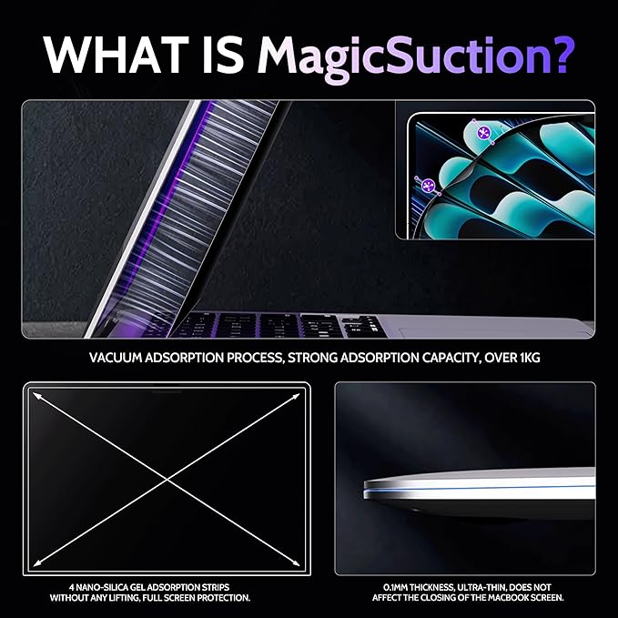 Peslv Privacy Screen for MacBook Air 13.6/13 Inch (2022-2025, M2, M3, M4) - A2681, A3113, A3240 MagicSuction™ Removable Anti Spy Black Protector, Glare Blue Light Filter for Mac Laptop Computer