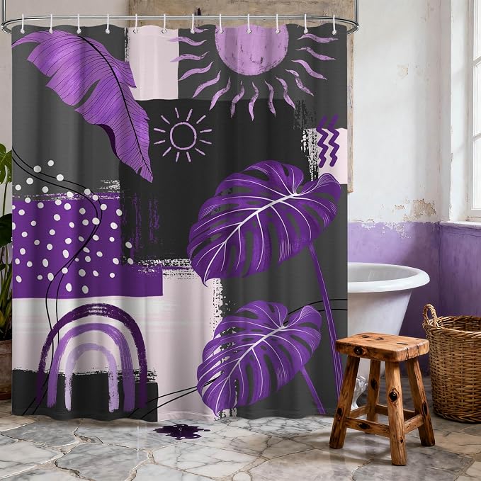 Purple and Gray Mid Century Modern Shower Curtain Bohemian Abstract Dark Purple and Grey Shower Curtains for Bathroom Decor Sets, Waterproof Cloth Fabric with Hooks, 70x78 Inch