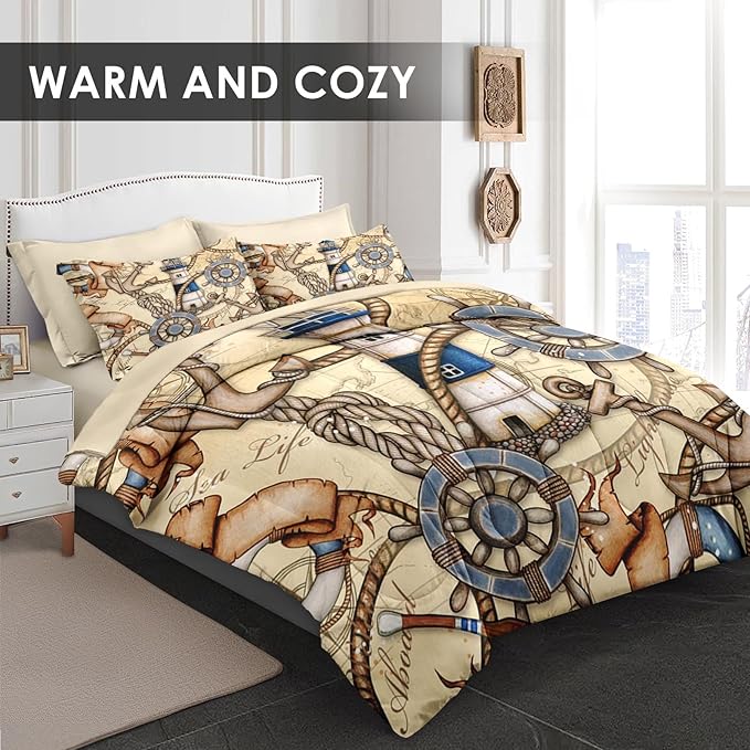 Comforter Set King Size, Retro Nautical Lighthouse Map 7 Pcs Bedding for Kids and Adults, Vintage Anchor Beige Bed Sheet Sets with Fitted Sheet 2 Pillowcase & 2 Sham for Bedroom Bed Decor