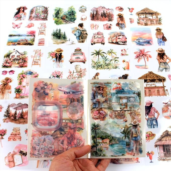 Dwpetzo Summer Beach Pre-Cut Journal Sticker Book for Junk Journaling, Transparent PET Landscape Stickers for Scrapbook Supplies, Scrapbooking, Collage, Planners, Bujo, 20 Sheets