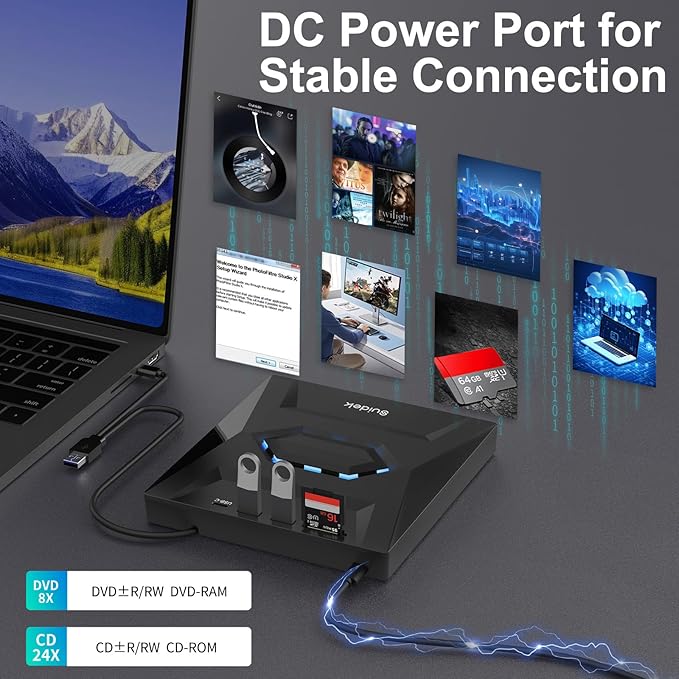 External CD DVD Drive for Laptop, USB C Portable CD/DVD +/-RW Burner DVD Player with SD Card Reader USB 3.0 Type C Hub Compatible with Laptop PC Windows Linux