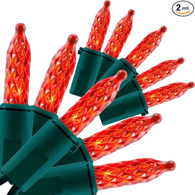 YULETIME Red Faceted LED Christmas Lights 200 Count 50 ft, Pack of 2 Strands 25 ft 100 Lights UL Certified Commercial Grade Green Wire Holiday String Light Set (Red)