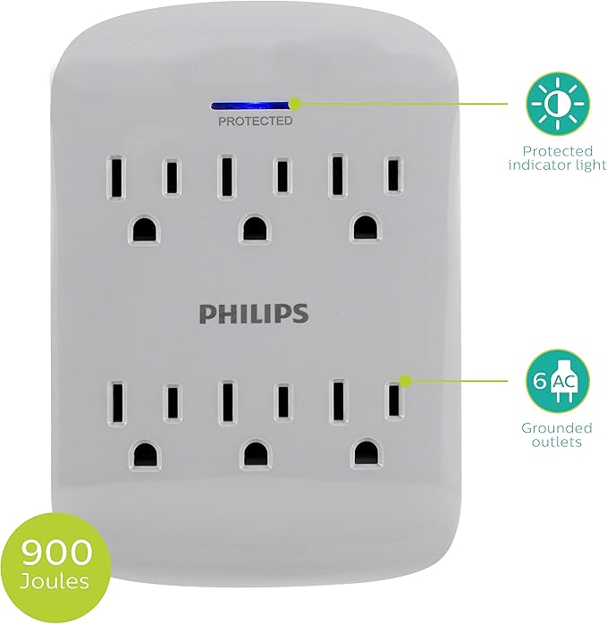 Philips 6-Outlet Extender Surge Protector, 900 Joules, 3-Prong, Space Saving Design, Protection Indicator LED Light, 2 Pack, Grey, SPP3466GR/37