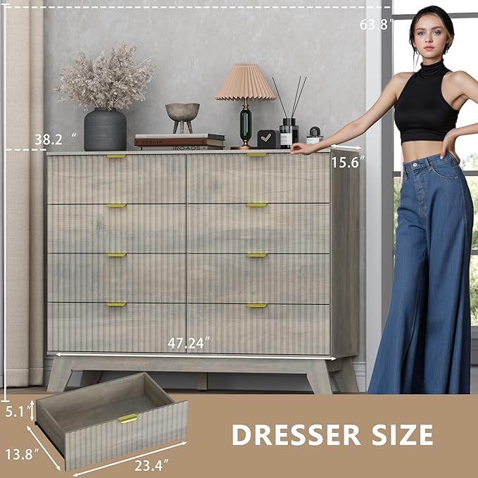 BORNOON Fluted 8 Drawer Tall Dresser, 47.2" Wide Modern Boho Chest of Drawers, Wooden Storage Dresser TV Stand for Bedroom, Living Room, Closet, Hallway, Curved Profile Design