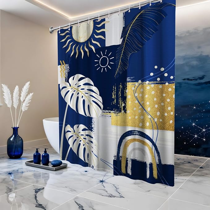 Extra Long Shower Curtain 96 Inchs Extra Tall Blue and White XL Navy Blue and Gold Abstract Shower Curtains for Large Bathroom Decor Sets, Waterproof Cloth Fabric with Hooks, 70 x 96 Inch