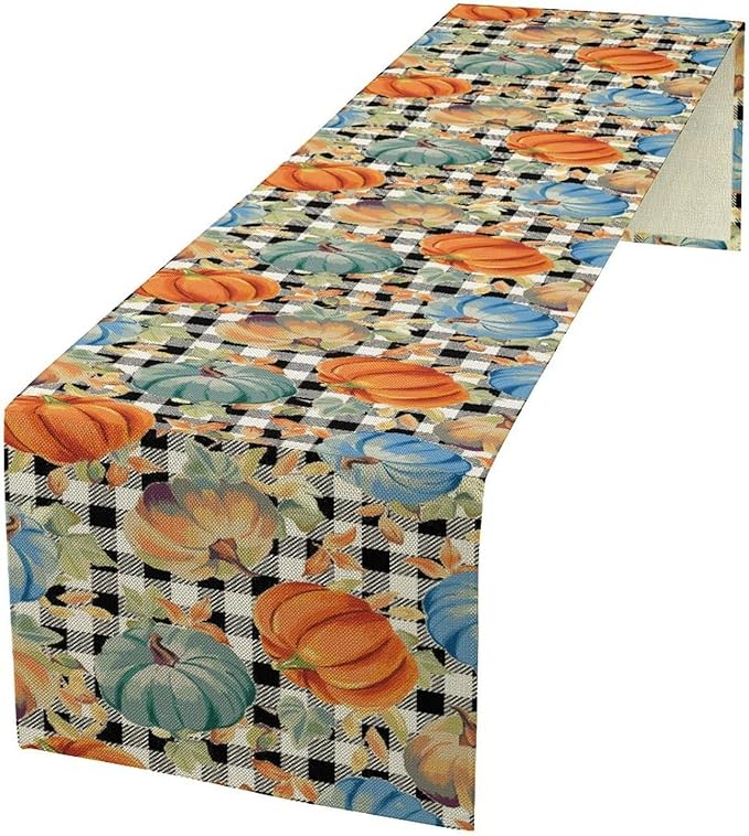 Fall Pumpkin Table Runner Black White Plaid Maple Leaves Watercolor Illustration Rustic Thanksgiving Home Decor for Farmhouse Indoor Outdoor Party Holiday Dining Kitchen Restaurant Cafe W13xL72in