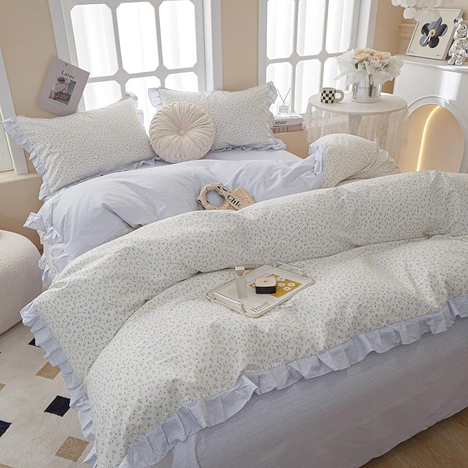 Floral Duvet Cover Queen Size Cute Blue Flower Bedding Cozy Duvet Cover Romantic Ruffle Comforter Cover Cotton Striped Girls Lace Princess Bedding Aesthetic Floral Comforter Cover with 2 Pillowcases