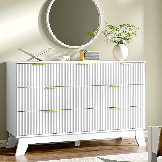 HUANLEGO Fluted Dresser for Bedroom with 7 Drawer, Mid Century Modern Chest of Drawers, 48" Wide Natural Wood Dresser for Closet, Wooden Boho Chest Closet Storage TV Stand for Bedroom, White