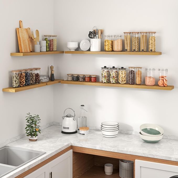 Heimlove 24 Inch Floating Shelves for Wall,Mounted Storage Wood Shelves with Invisible Brackets Hanging Shelf for Bedroom,Living Room,Kitchen,Office,Set of 2,Oak Color