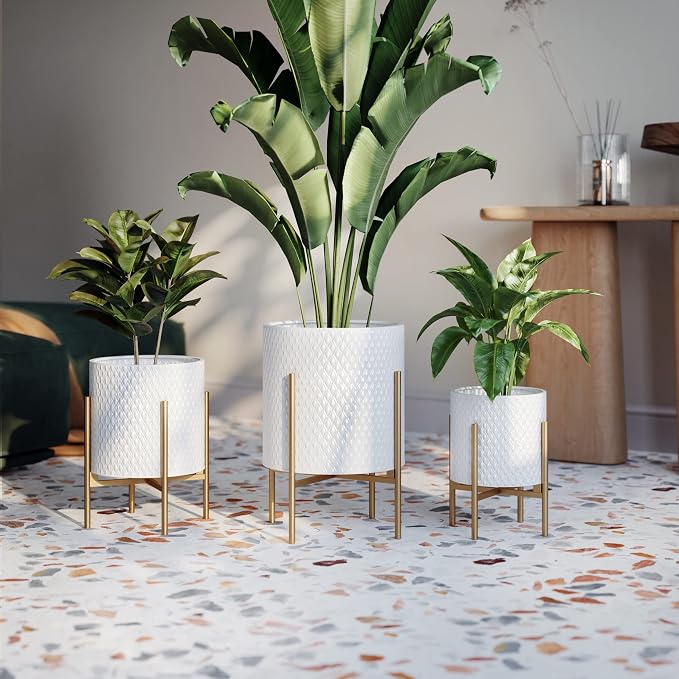 EverNest Claire Mid-Century Modern White Planter and Stand, Indoor Plant Pot, SelectBase, Minimalist Aesthetic, Home Decor for Plants - (Gold Base, Medium)