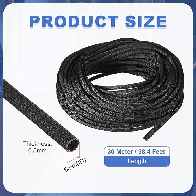 uxcell Insulation Cable Protector,6mm/0.24 Inch-30m/98 Feet High Temp Fiberglass Sleeve Black