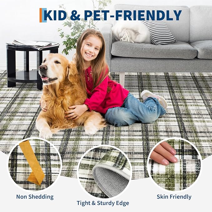 10x13 Area Rug for Living Room Washable Rugs Farmhouse Bedroom Rug Large Rug Non Slip Modern Plaid Throw Rugs for Dining Room Stain Resistant Carpet for Office Classroom, Green&Taupe