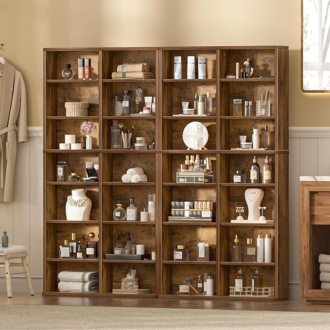 LELELINKY 7 Tier Tall Display Cabinet, Brown Media Storage Cabinet with Adjustable Shelves, Free Standing DVD Organizer Shelf, Floor Multimedia Storage Manga Bookshelf for Living Room & Home Office.